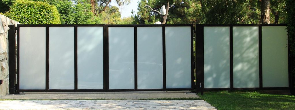 Steel and vertically arranged glass bifold gate