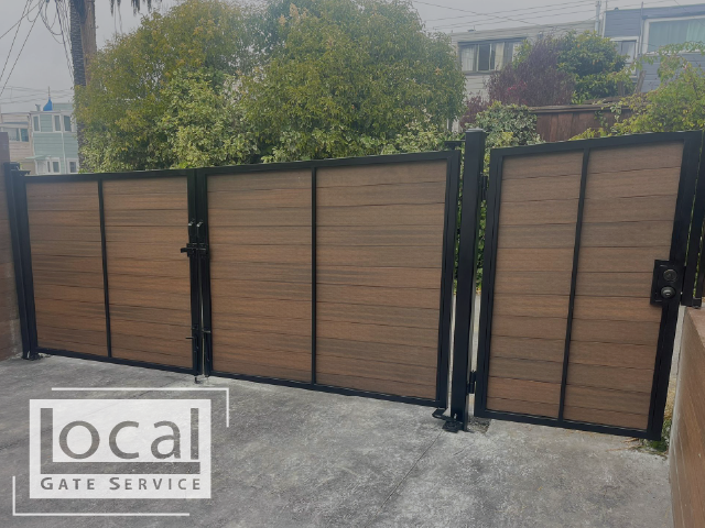 Metal Steel Framed Pedestrian and Driveway Gate With Wood Vinyl Panels