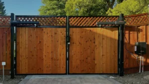 Steel framed and wood double swing gate